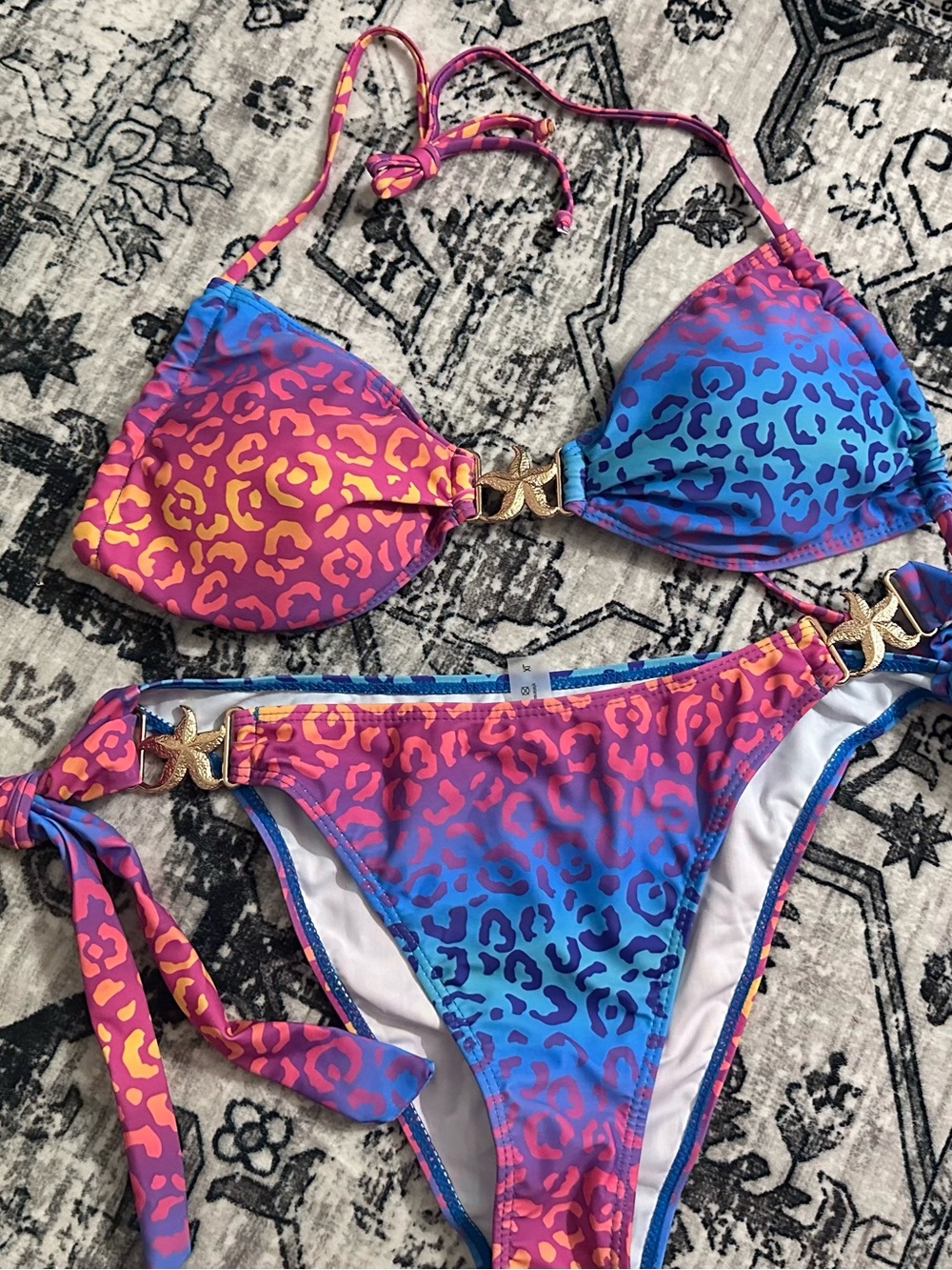 Women's Ombre Pink Blue Leopard Print Tie-Side Bikini with Gold Accents